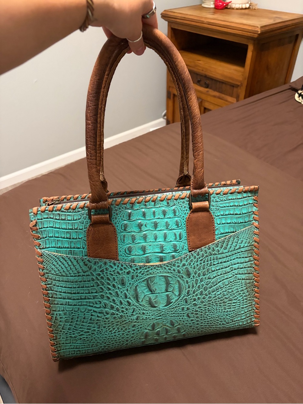 American Darling Turquoise Croc-Embossed Tote with Brown Handles